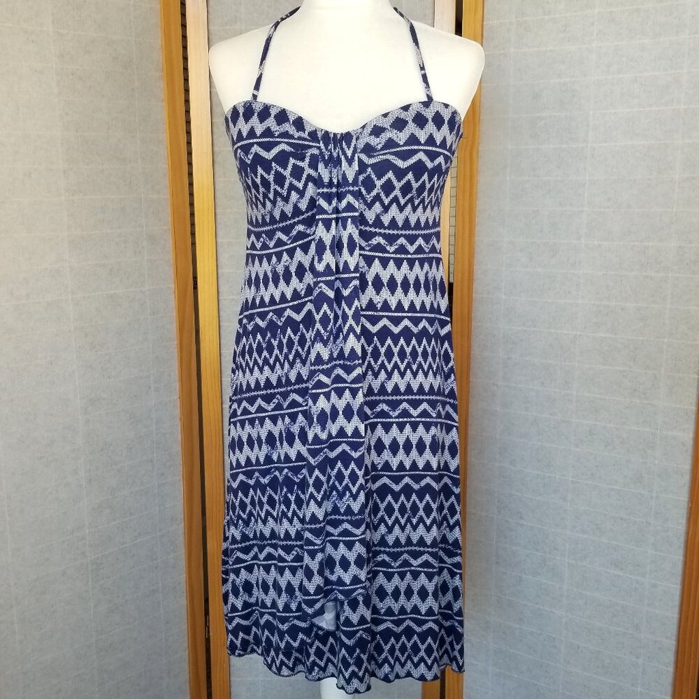 Skye Demi Bandeau Dress Size Large Built-in Bra Stretch Knit Halter Tie Indigo